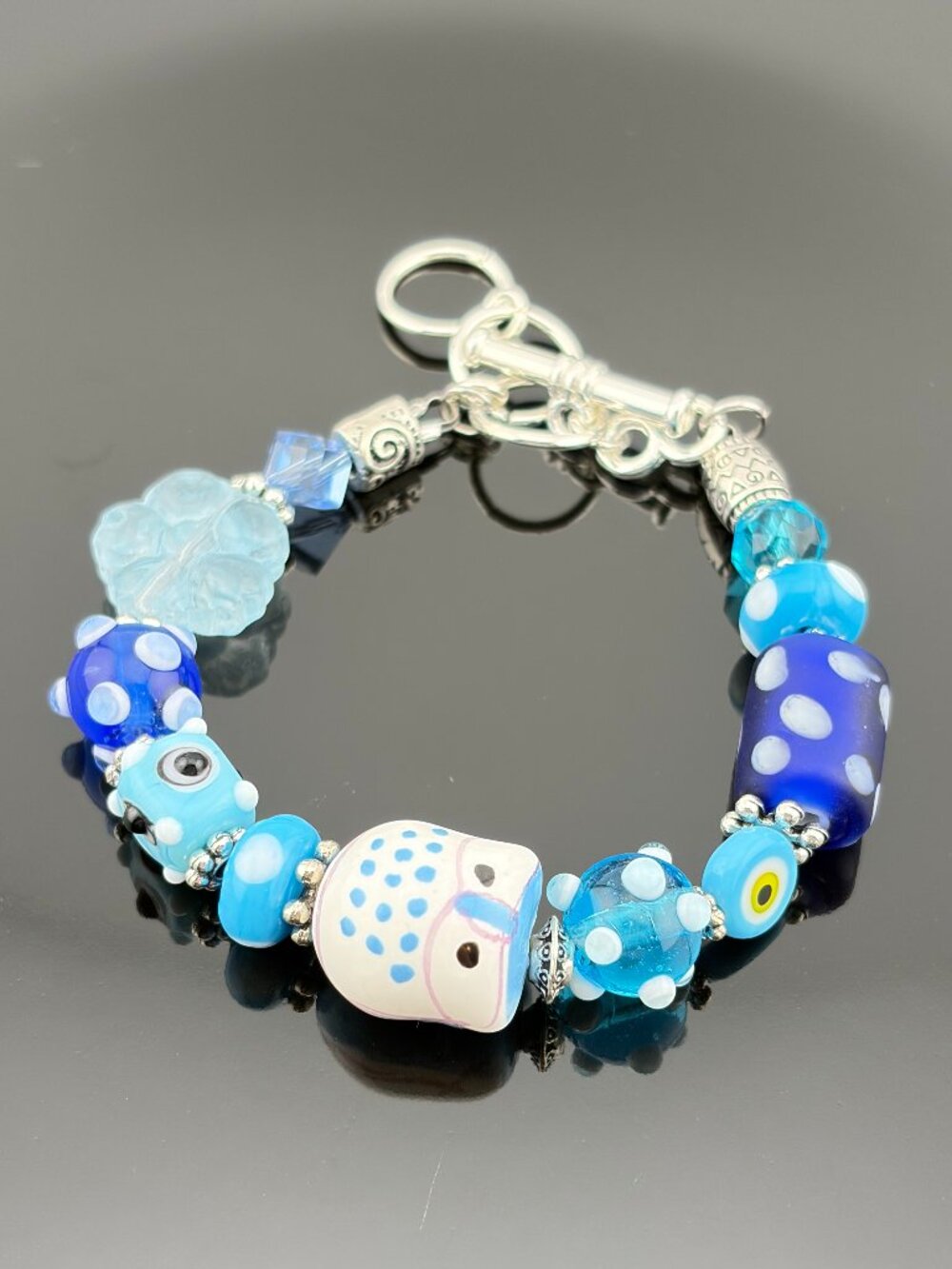 Blue Owl Lampwork Millefiori Faceted Flower Glass Beads Handmade Bracelet LR225